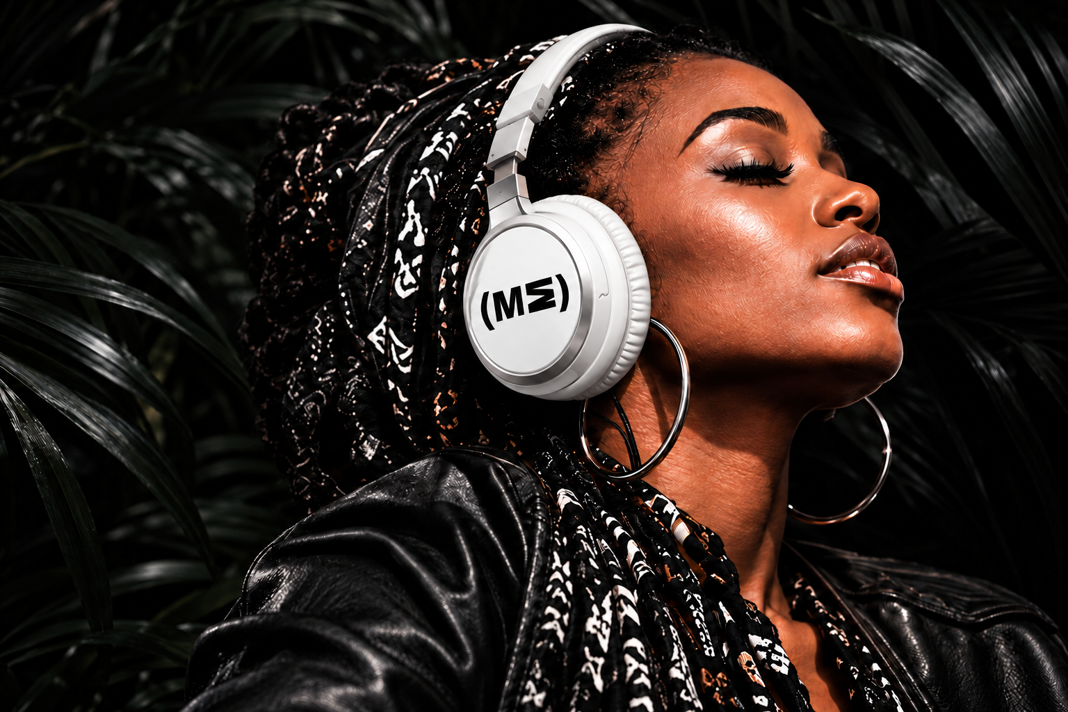 Music lover wearing white headphones with crisp black More Energy branding printed on the outer earcup